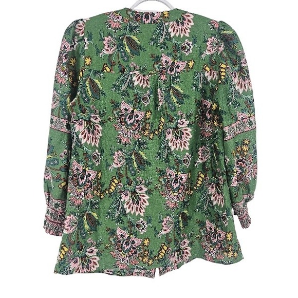 Boden Alicia Peasant Blouse Green Floral Paisley Linen Blend Puff Sleeve Size 2 - Picture 10 of 10